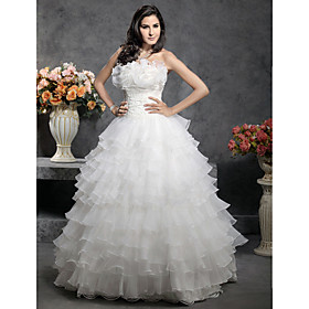 
	Ball Gown Strapless Floor-length Satin Organza Tiered Wedding Dress	