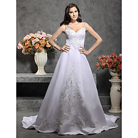 A-line Spaghetti Straps Court Train Satin Wedding Dress with Embroidery X098