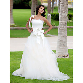 A-line One Shoulder Floor-length Satin Tulle Wedding Dress