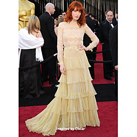 Sheath/ Column Jewel Sweep/ Brush Train Tulle Chiffon/ Evening Dress inspired by Florence Welch at the 83st Oscar(FSH1102202)