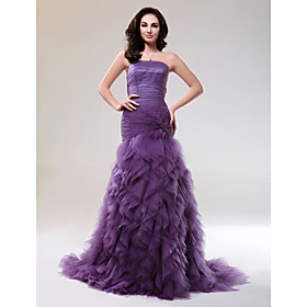 Trumpet/ Mermaid Strapless Court Train Tulle Elastic Woven Satin Evening Dress (FSF1108252)