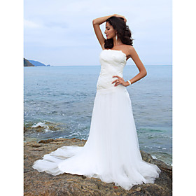 Sheath/ Column Strapless Chapel Train Tulle Elastic Woven Satin Wedding Dress