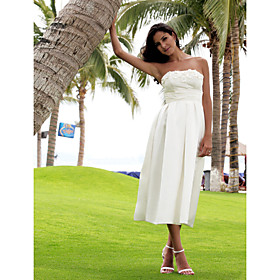 Sheath/ Column Strapless Tea-length Satin Wedding Dress