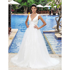 Empire V-neck Sleeveless Sweep / Brush Train Satin Wedding Dress