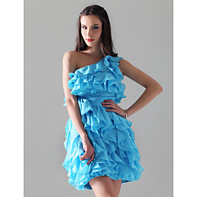 2011 Style Sheath/ Column One Shoulder Short/ Mini Elastic Woven Satin/ Chiffon Cocktail Dress (FSF08307)