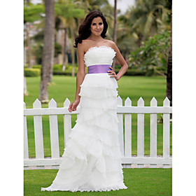 Sheath/ Column Scalloped-Edge Neckline Floor-length Organza Satin Wedding Dress
