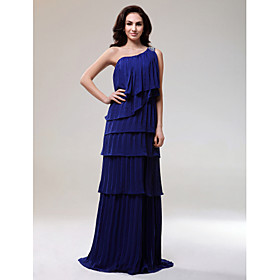 Sheath/ Column One Shoulder Sweep/ Brush Train Chiffon Elastic Woven Satin Evening Dress (FSF1108242)