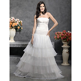 
	A-line Strapless Floor-length Satin Organza Tiered Wedding Dress	