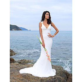 Trumpet/ Mermaid V-neck Court Train Chiffon Satin Wedding Dress