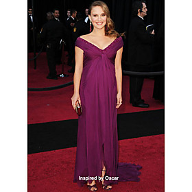 Natalie Portman Sheath/ Column Off-the-shoulder Sweep/ Brush Train Chiffon Satin Oscar/ Evening Dress (FSH1102212)