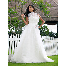 A-line Strapless Sweep/ Brush Train Tulle Wedding Dress