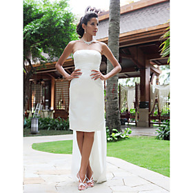 Sheath/ Column Strapless Knee-length Satin Wedding Dress With Removable Watteau Train