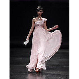 Sheath/ Column One Shoulder Floor-length Chiffon Satin Elastic Silk-like Satin Evening Dress