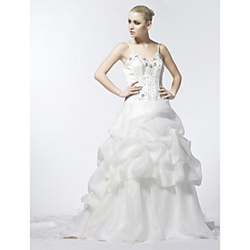 A-line Spaghetti Straps V-neck Court Train Satin Organza Wedding Dress