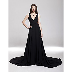 A-line V-neck Court Train Chiffon Elastic Woven Satin Evening Dress (FSD0126)