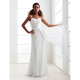 Sheath/ Column Spaghetti Straps Sweep/ Brush Train Chiffon Satin Wedding Dress (WSY02329)