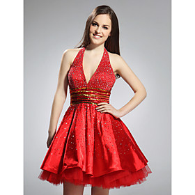A-line Halter Short/ Mini Satin Tulle Cocktail Dress (FSA1111014)