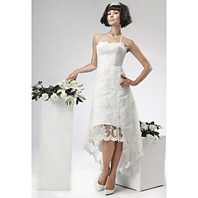 Sheath/ Column Halter Asymmetrical Satin Lace Wedding Dress