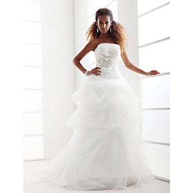 Ball Gown Strapless Chapel Train Organza Satin Wedding Dress