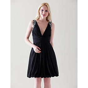 
	A-line V-neck Knee-length Chiffon Elastic Woven Satin Cocktail Dress	