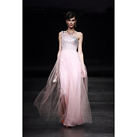 Sheath/ Column One Shoulder Floor-length Satin Tulle Sequined Evening Dress