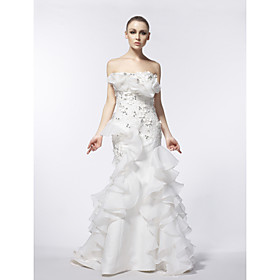 Trumpet/ Mermaid Strapless Court Train Organza Satin Wedding Dress