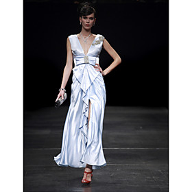 Sheath/ Column V-neck Tea-length Elastic Woven Satin Evening Dress