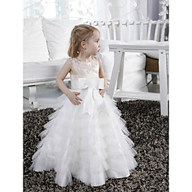 A-line Jewel Floor-length Tulle Satin Flower Girl Dress