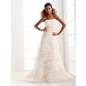 A-line Strapless Court Train Satin Organza Wedding Dress With 3D Floral (WSM0442)