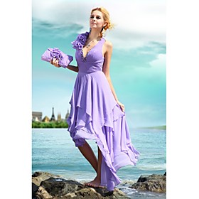 A-line V-neck Asymmetrical Elastic Silk-like Satin Chiffon Cocktail Dress