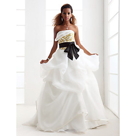 Ball Gown Strapless Sweep/ Brush Train Organza Satin Wedding Dress