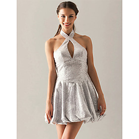 A - line Halter Short / Mini Sequined Fabric Cocktail Dress (WSM04205)