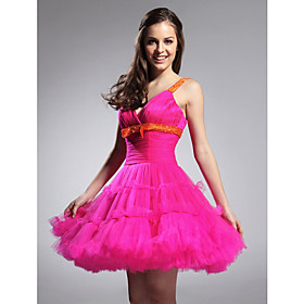 A-line Straps Sweetheart Short/ Mini Tulle Taffeta Cocktail Dress (FSH1102021)