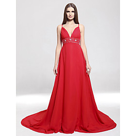 A-line Spaghetti Straps Chapel Train Chiffon Elastic Woven Satin Evening Dress (FSN0079)