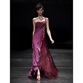 
	Sheath/ Column One Shoulder Asymmetrical Elastic Silk-like Satin Tulle Evening Dress	