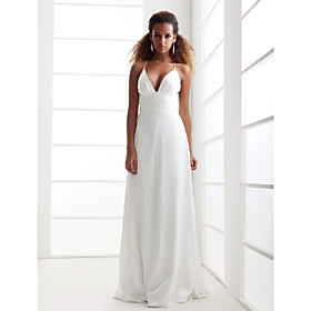 Sheath/ Column Spaghetti Straps V-neck Sweep/ Brush Train Chiffon Elastic Woven Satin Wedding Dress