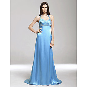 Sheath/ Column Halter Sweep/ Brush Elastic Woven Satin Evening Dress (HSX911)