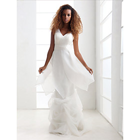 Sheath/ Column V-neck Floor-length Tulle Organza Satin Wedding Dress
