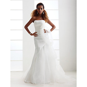 A-line Princess Strapless Court Train Organza Elastic Woven Satin Wedding Dress