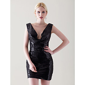 Sheath/ Column V-neck Short/ Mini Satin Sequined Cocktail Dress