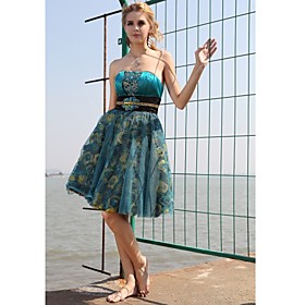 A-line Strapless Knee-length Elastic Silk-like Satin Tulle Cocktail Dress