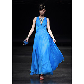 A-line V-neck Floor-length Chiffon Satin Tulle Evening Dress