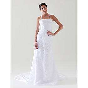 A-line Princess Spaghetti Straps Chapel Train Lace Elastic Woven Satin Wedding Dress