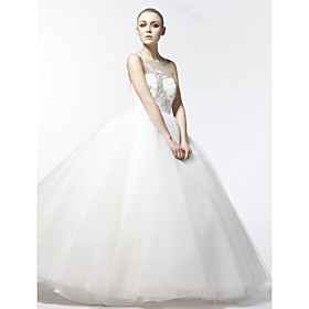 Ball Gown Bateau Court Train Tulle Satin Wedding Dress