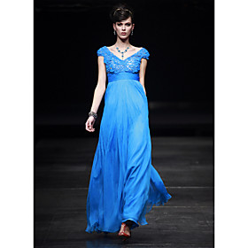 Sheath/ Column V-neck Floor-length Chiffon Satin Tulle Evening Dress