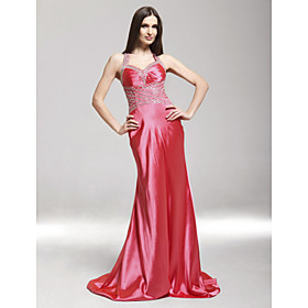 Sheath/ Column Halter Asymmetrical Elastic Silk-like Satin Evening Dress (FSW0702)