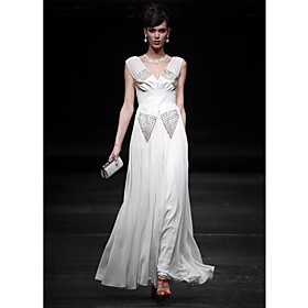 Sheath/ Column V-neck Floor-length Chiffon Satin Elastic Silk-like Satin Evening Dress