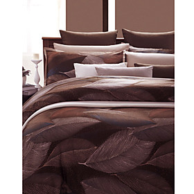 Cotton Printed Satin Leaf 3-piece Queen Duvet Cover Set