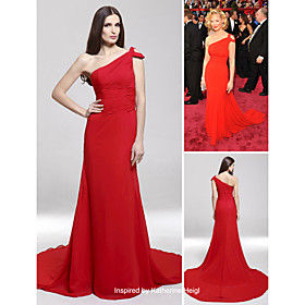 Katherine Heigl A-line One Shoulder Chapel Train Sleeveless Chiffon/ Elastic satin Classic Oscar Dress (FGY0709)