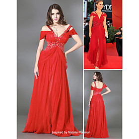 Natalie Portman A-line V-neck Floor-length Elastic Satin Evening Dress (FSF08315)